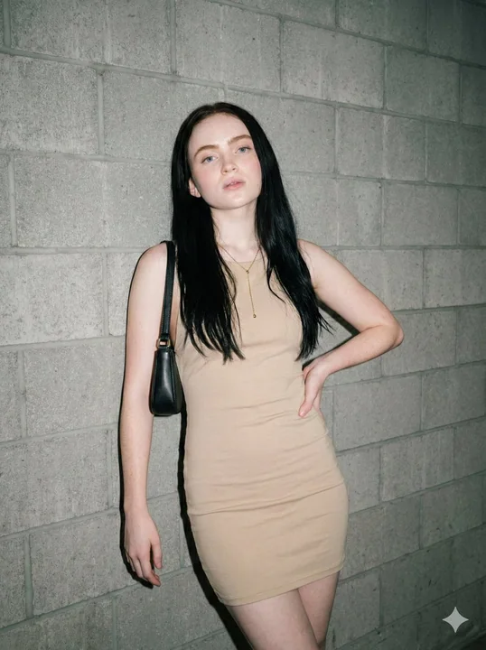 Fashion portrait in a beige backless dress under city flashlights