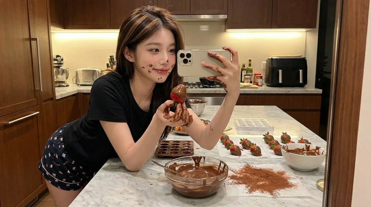 沾满巧克力的俏皮少女厨房超写实自拍