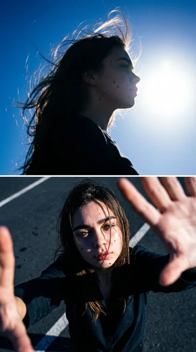A blue-toned film duet of light and shadow: backlit silhouettes and overhead selfies
