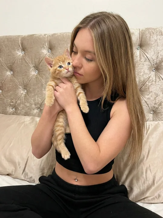 ハリウッドのスウィートハートがジンジャー色のかわいい猫を抱く優しいひととき