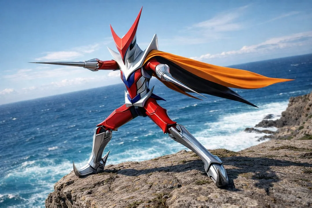 A realistic-style battle pose atop a cliff