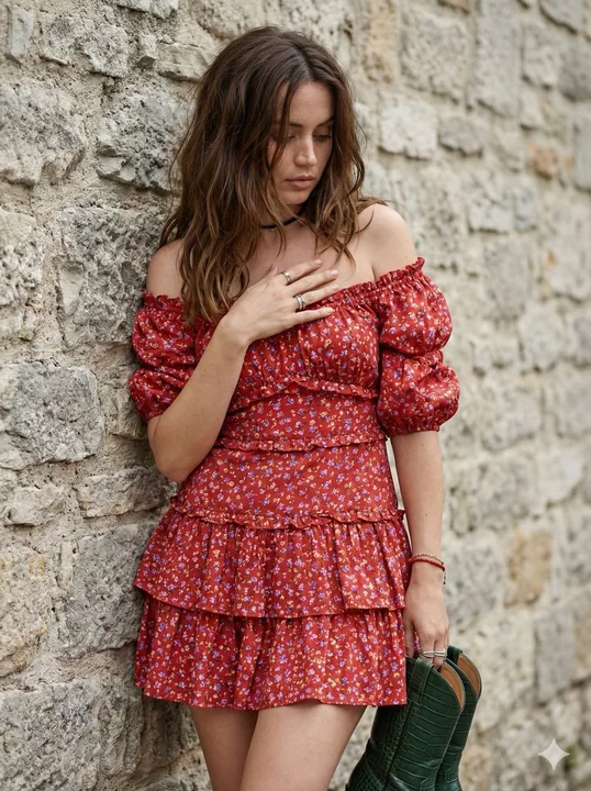 A girl in a red floral dress leans against the wall, gazing on a lazy afternoon.