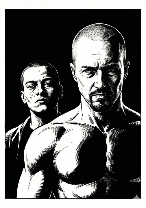 Sin City-style hardboiled black-and-white comic art