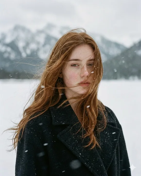 Portrait réaliste cinématographique d’une jeune fille aux cheveux roux avec des montagnes enneigées en arrière-plan