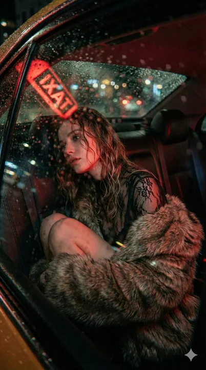 A red-hued apparition behind a taxi window on a hazy rainy night