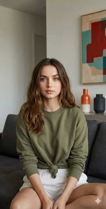 Cinematic home photoshoot of Ana de Armas in an olive-green hoodie