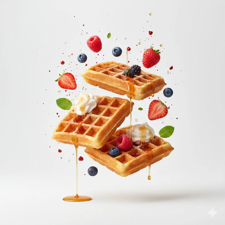 A minimalist white-background commercial food blockbuster with floating elements
