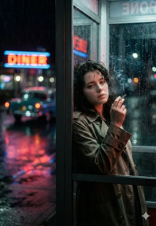 ネオン輝く雨の夜、電話ボックスにいる孤独な女性、写実的で映画のような感動的なポートレート