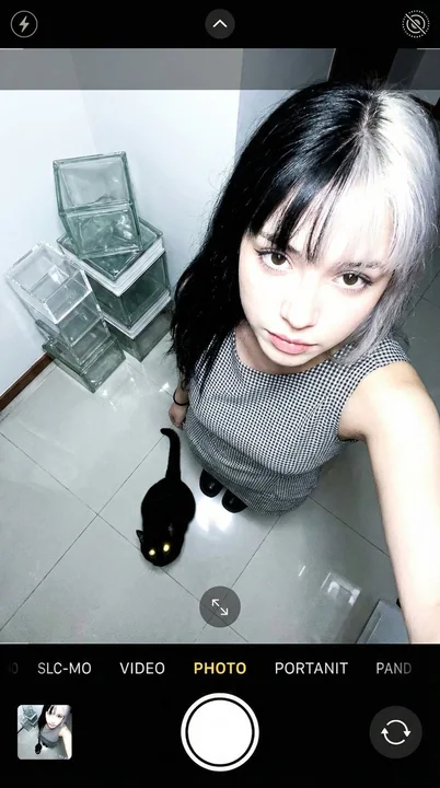 上から見下ろす視点で黒猫と交流する若々しい少女