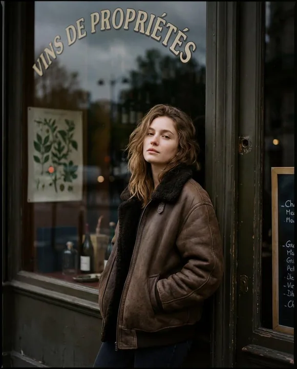 A photoshoot of a girl in a vintage leather jacket on the streets of Paris at dusk