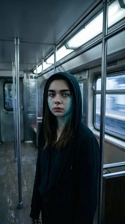 A mechanically mutated girl with faint light flowing around her in a speeding subway