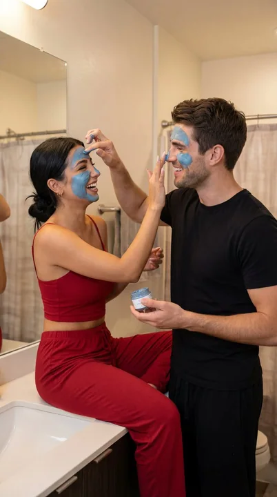 A sweet moment of a couple applying face masks to each other in a cozy bathroom