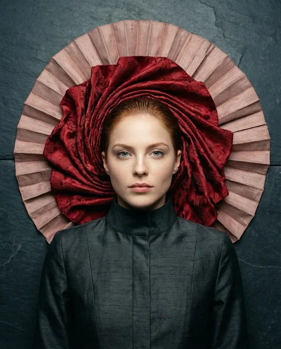Deep red silk floating above the dark slate with a cold, supermodel.