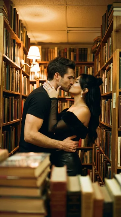 A passionate kiss in the bookstore aisle under a warm, hazy light