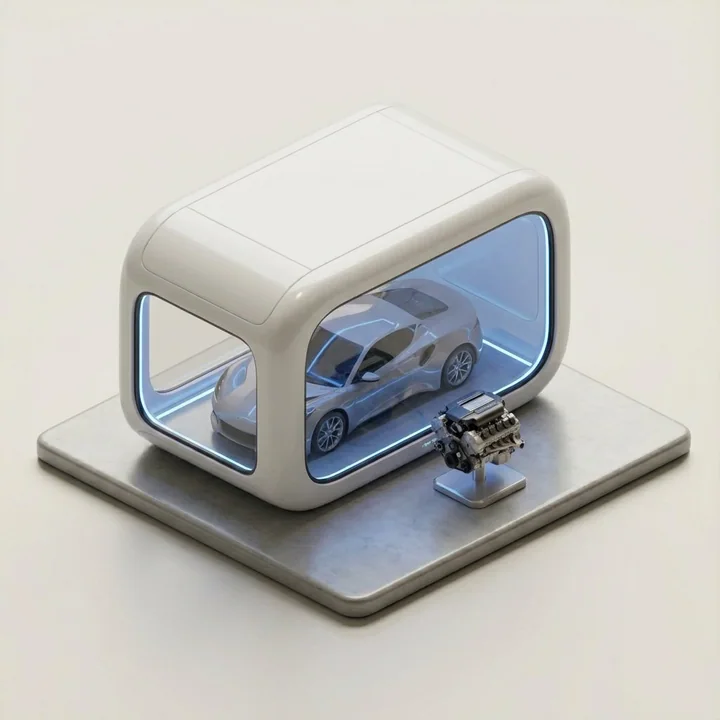 ミニマル美学の3Dアイソメトリック自動車ショールームデザイン