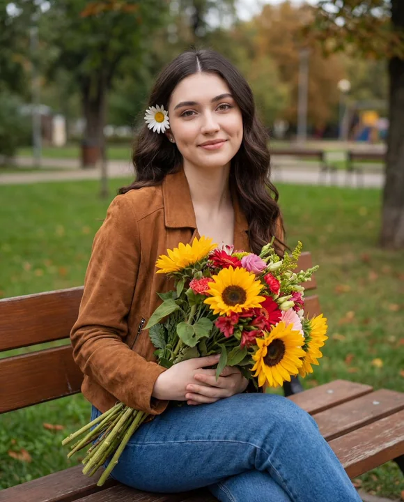 Cute and healing girl hugging a bouquet under the warm autumn sun