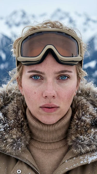 厳冬の雪山の下、北欧の少女の冷ややかで澄んだ眼差し