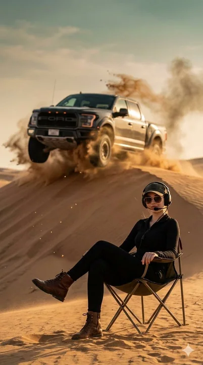 التباين الصارخ بين سيارة منطلقة في البرية وقت الساعة الذهبية وامرأة فاتنة باردة الجمال