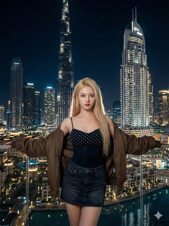 迪拜璀璨夜色中拥抱城市的金发超模
