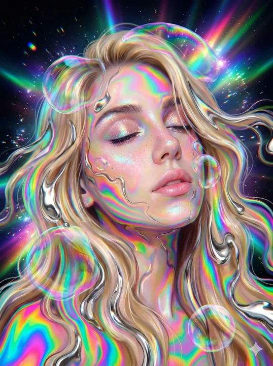 沉浸在液态彩虹风暴中的迷幻少女