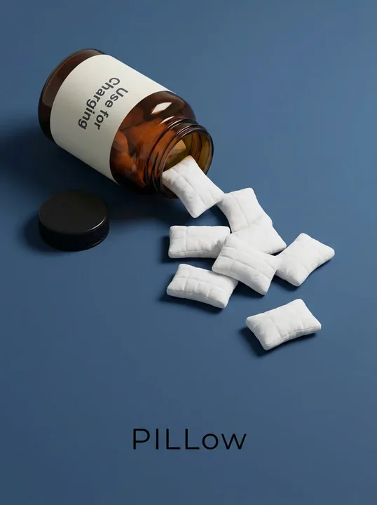 A creative advertisement of a surreal amber medicine bottle pouring out soft pillows