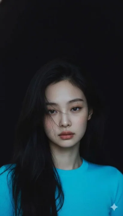暗夜极简背景下的霓虹蓝衣冷艳少女