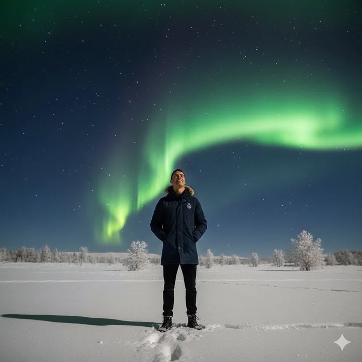 在绝美的极光下,雪地中仰望星空的微笑人像