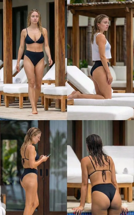 悉尼斯威尼黑白泳装四宫格写真