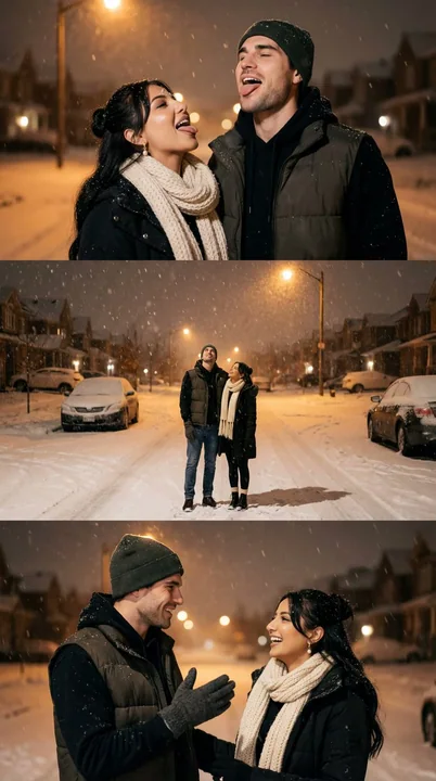 漫天飞雪中的恋人,路灯下的电影感三联画