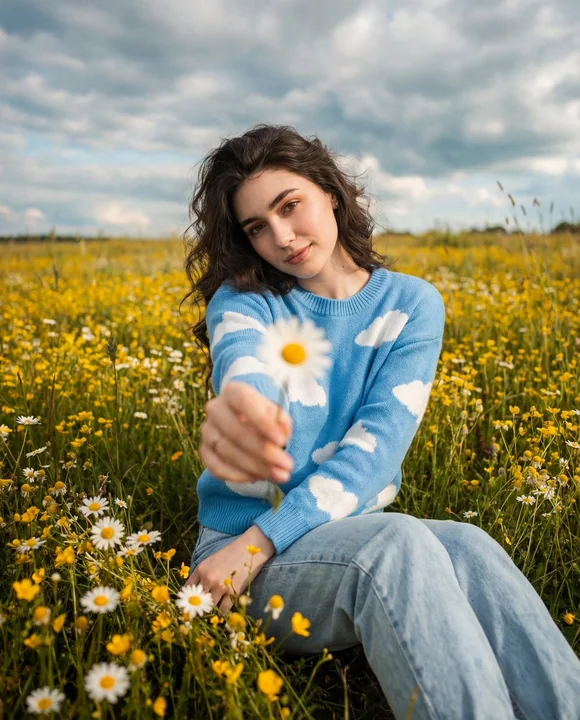 雛菊叢中的電影感復古膠片少女