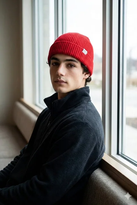 Realistic portrait of a sporty man wearing a bright red knitted cap by the window