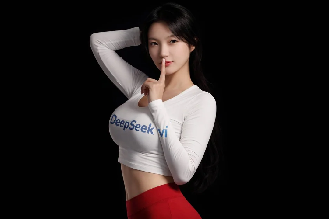 纯黑背景上DeepSeek品牌少女迷人的侧脸低语