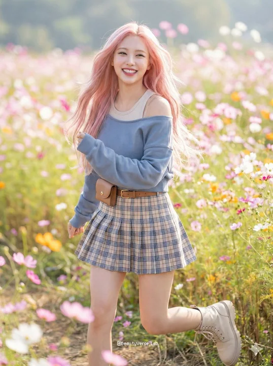 在春日花海中奔跑的粉发甜美少女