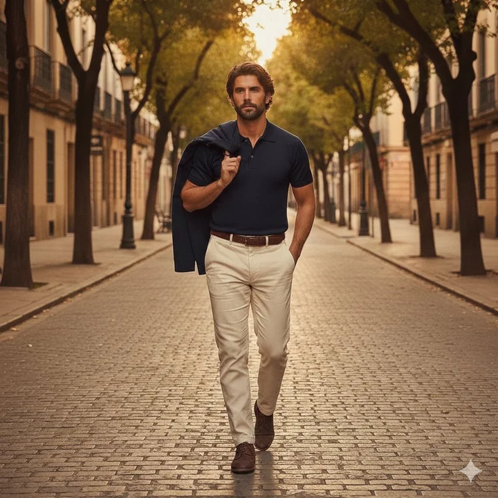 A fashionable gentleman strolling through European streets in the twilight glow