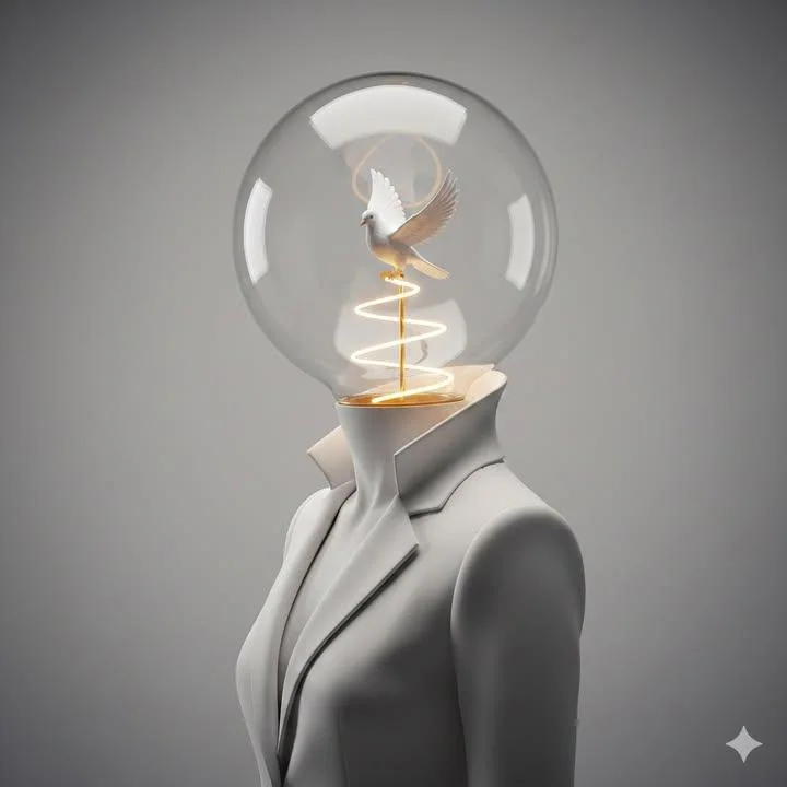 梦幻光影:栖息在灯泡人偶中的灵性白鸟