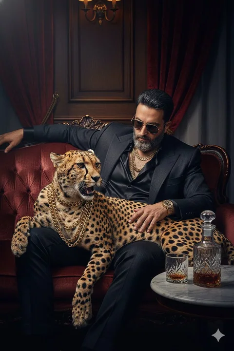 A domineering portrait of a luxurious mafia boss holding a leopard with a gold chain