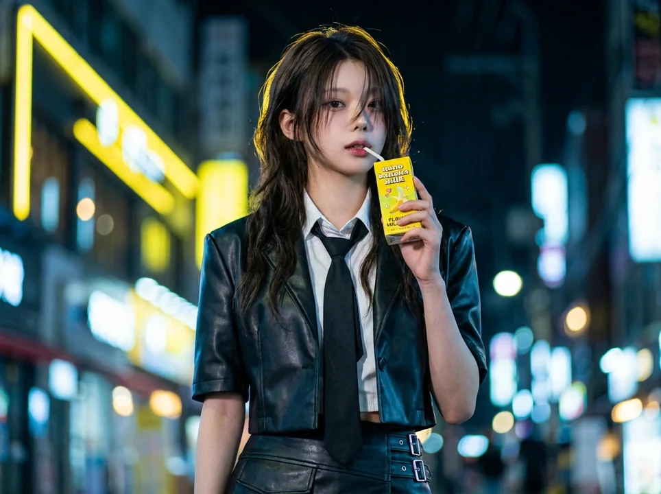 酷酷的Z世代女孩在霓虹都市中喝着香蕉奶