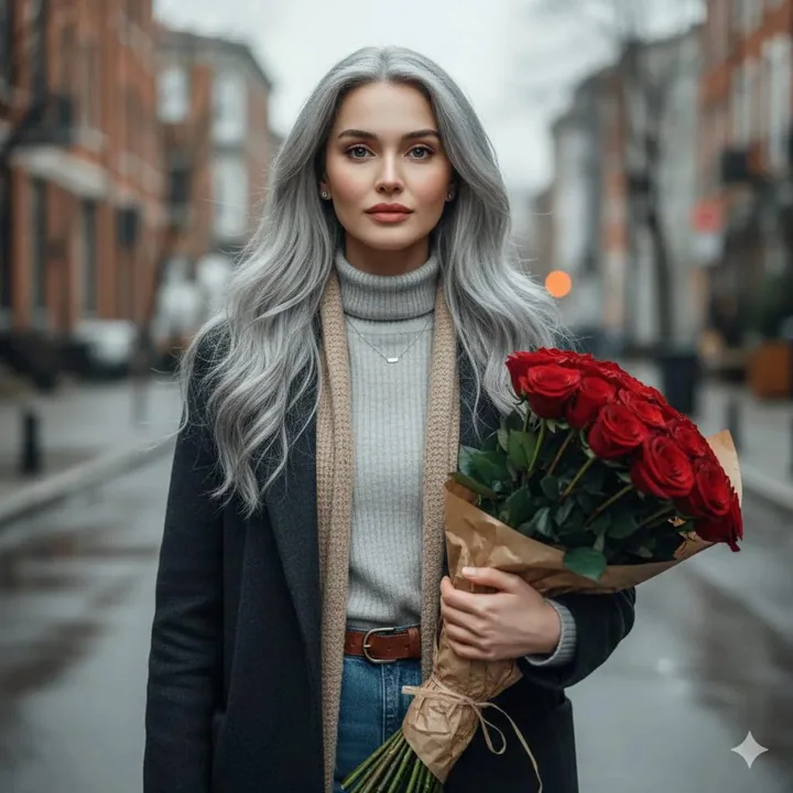 銀髪の女性がバラを手にした、ヨーロッパの街角の映画のようなポートレート