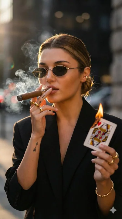 A stylish blonde tattooed woman smoking a cigar in backlight at sunset