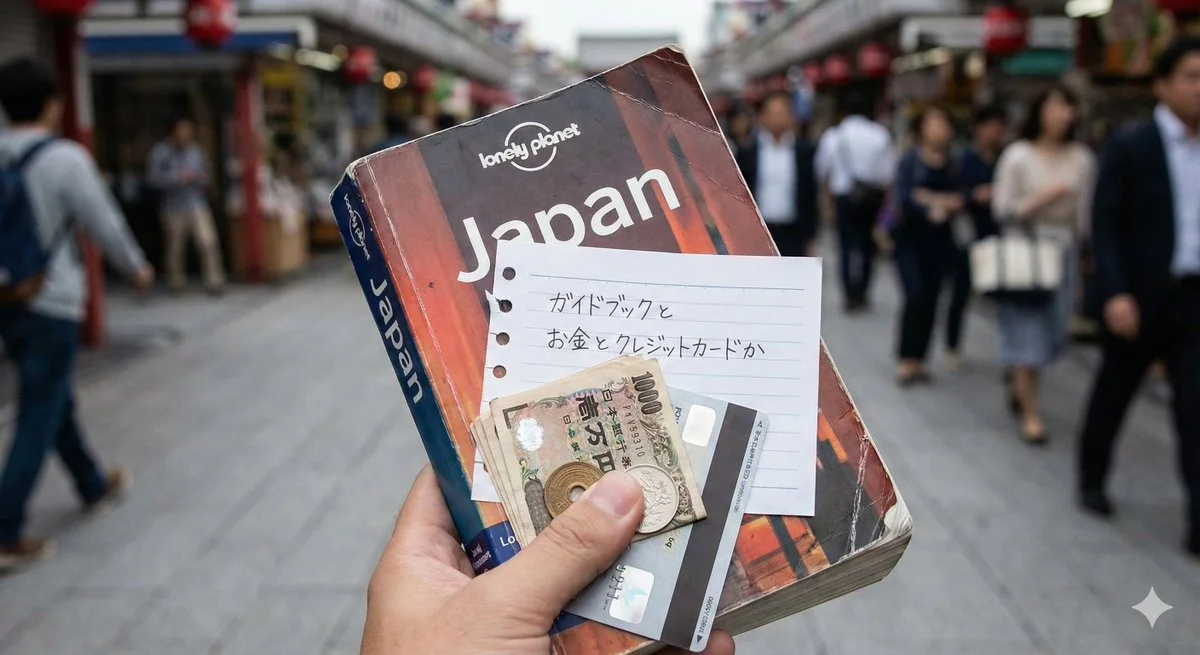 Les trois indispensables du voyage : guide touristique, argent et carte de crédit