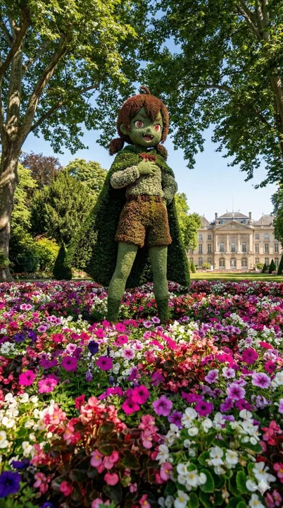 A character topiary bathed in dappled sunlight in a European-style palace garden
