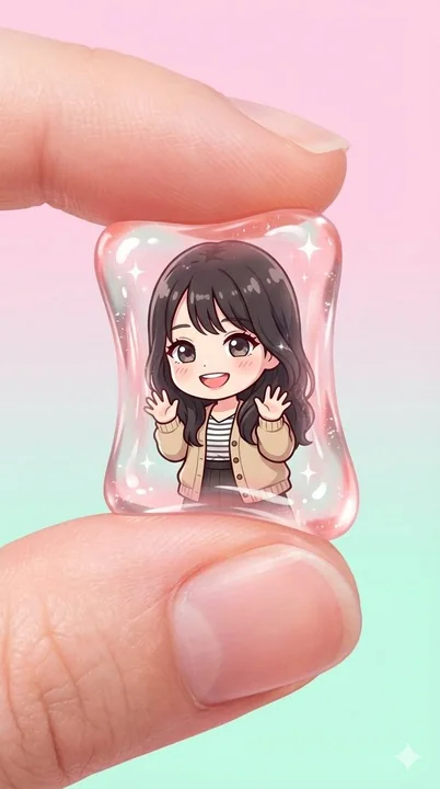 Petite fille mignonne en style chibi, façon bonbon gélifié transparent et cristallin, délicatement pincée du bout des doigts