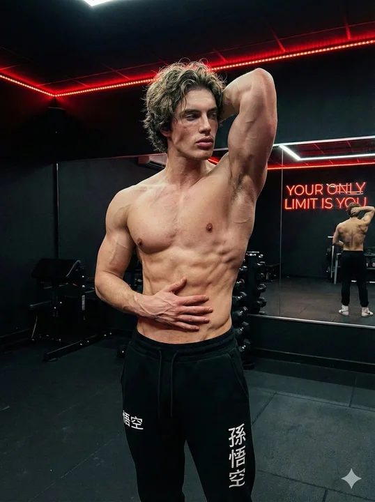Confident guy showing perfect muscles in a dark gym