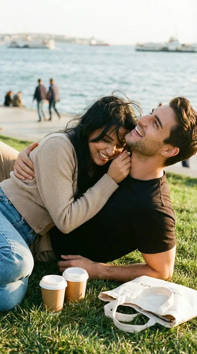 Lovers by the seaside laugh and embrace under the golden glow of Kadıköy.