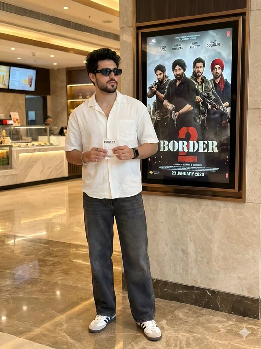 رجل أنيق واثق يحمل تذكرة سينما في قاعة عرض فاخرة