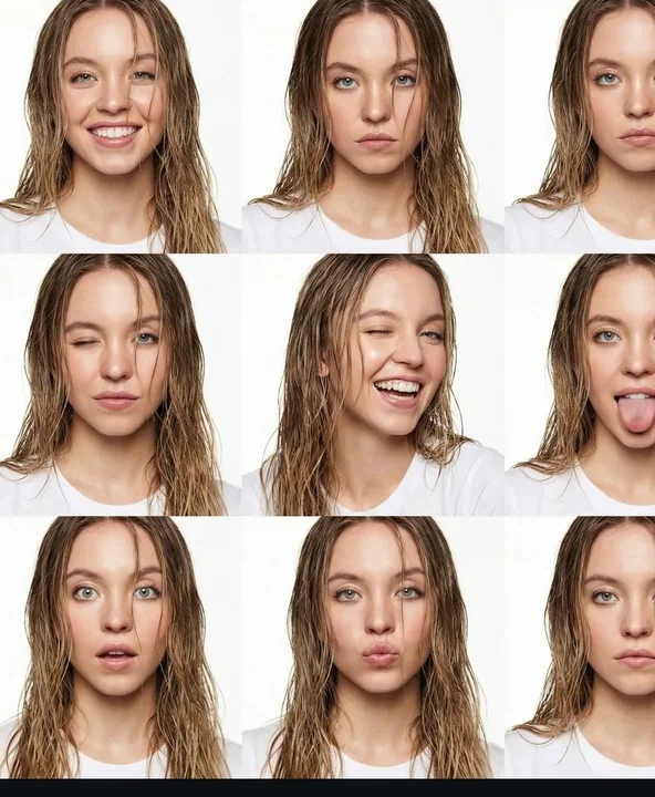 Modèle aux cheveux mouillés, minimaliste, blanc pur, mode haut de gamme, expressions en grille de neuf cases