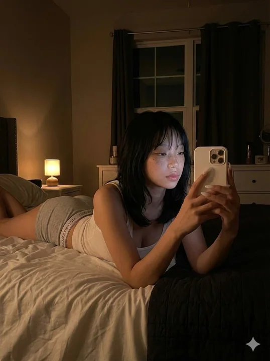 A realistic moment of a nighttime bedroom prone selfie under dramatic lighting