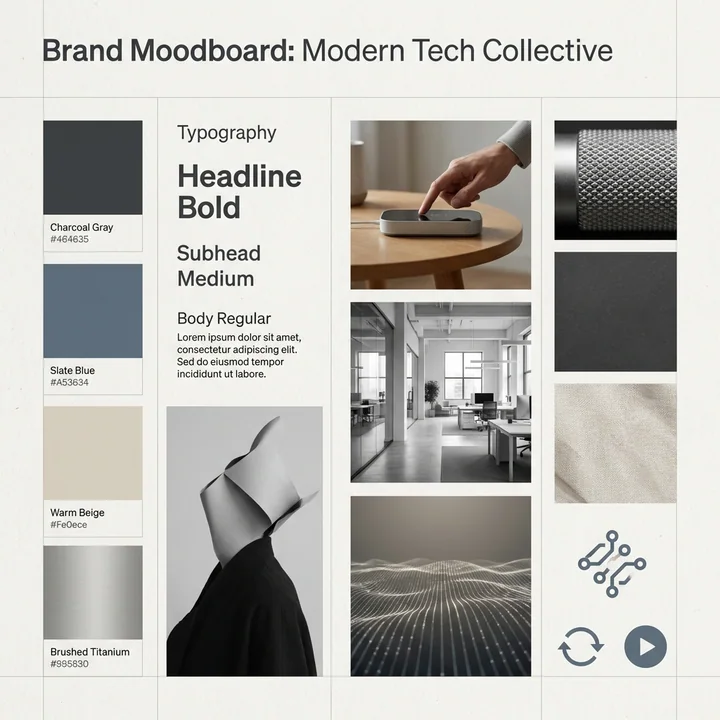 Mood board design with a premium, sophisticated feel for a modern technology brand