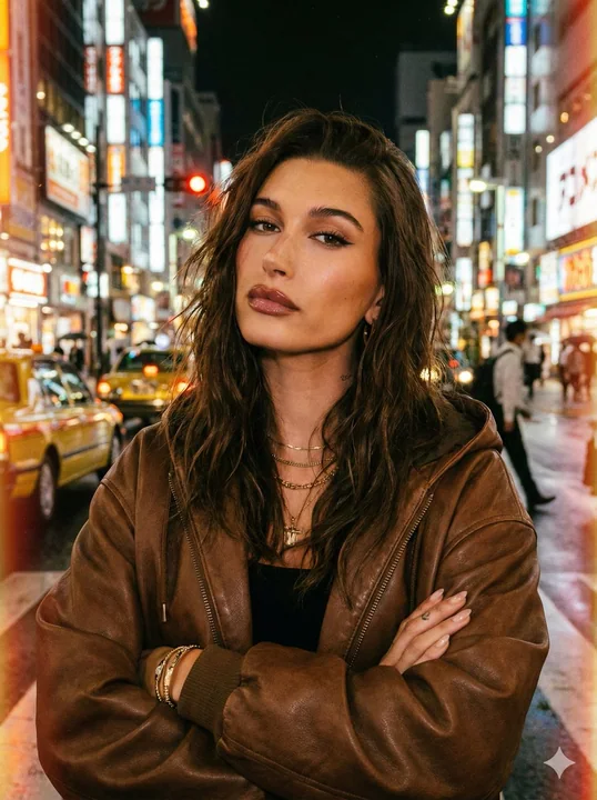 A cool, glamorous goddess in a leather jacket with a vintage film look under Tokyo’s neon nightscape