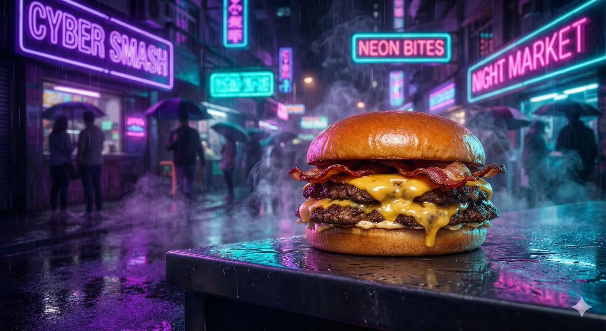 La cuisine de rue nocturne sous les lumières néon cyberpunk